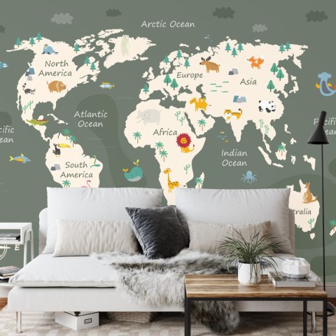 Fototapeta The World Map With Cartoon Animals For Kids, Nature, Discovery And Continent Name, Ocean Name. Children's Map De