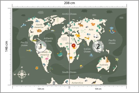 Fototapeta The World Map With Cartoon Animals For Kids, Nature, Discovery And Continent Name, Ocean Name. Children's Map De