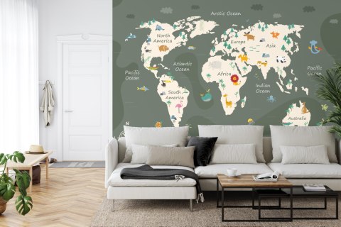 Fototapeta The World Map With Cartoon Animals For Kids, Nature, Discovery And Continent Name, Ocean Name. Children's Map De