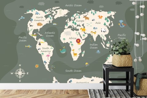 Fototapeta The World Map With Cartoon Animals For Kids, Nature, Discovery And Continent Name, Ocean Name. Children's Map De