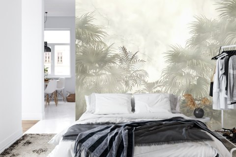 Fototapeta Tropical Trees And Leaves In Foggy Forest Wallpaper Design - 3D Flizelina 208x146 FT-448496-VEXL