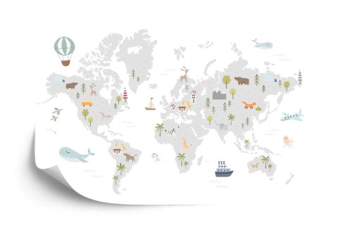 Fototapeta World Map With Cute Animals In Cartoon Style. Map For Nursery, Kids Room With Nature, Animals, Transports. Skandi Fli