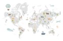 Fototapeta World Map With Cute Animals In Cartoon Style. Map For Nursery, Kids Room With Nature, Animals, Transports. Skandi Fli