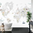 Fototapeta World Map With Cute Animals In Cartoon Style. Map For Nursery, Kids Room With Nature, Animals, Transports. Skandi Fli