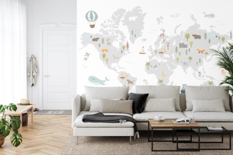 Fototapeta World Map With Cute Animals In Cartoon Style. Map For Nursery, Kids Room With Nature, Animals, Transports. Skandi Fli