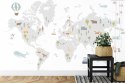 Fototapeta World Map With Cute Animals In Cartoon Style. Map For Nursery, Kids Room With Nature, Animals, Transports. Skandi Fli