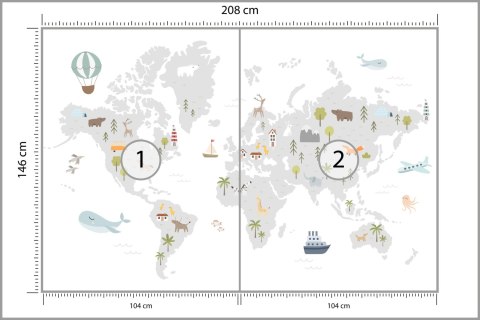 Fototapeta World Map With Cute Animals In Cartoon Style. Map For Nursery, Kids Room With Nature, Animals, Transports. Skandi Fli