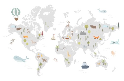 Fototapeta World Map With Cute Animals In Cartoon Style. Map For Nursery, Kids Room With Nature, Animals, Transports. Skandi Vin