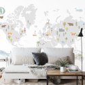 Fototapeta World Map With Cute Animals In Cartoon Style. Map For Nursery, Kids Room With Nature, Animals, Transports. Skandi Vin