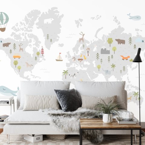 Fototapeta World Map With Cute Animals In Cartoon Style. Map For Nursery, Kids Room With Nature, Animals, Transports. Skandi Vin