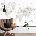 Fototapeta World Map With Cute Animals In Cartoon Style. Map For Nursery, Kids Room With Nature, Animals, Transports. Skandi Vin