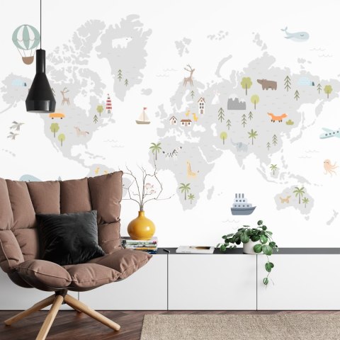 Fototapeta World Map With Cute Animals In Cartoon Style. Map For Nursery, Kids Room With Nature, Animals, Transports. Skandi Vin