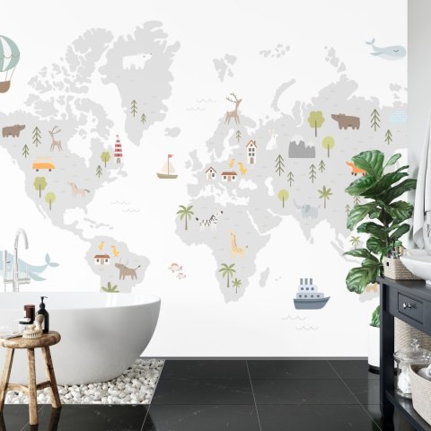 Fototapeta World Map With Cute Animals In Cartoon Style. Map For Nursery, Kids Room With Nature, Animals, Transports. Skandi Vin