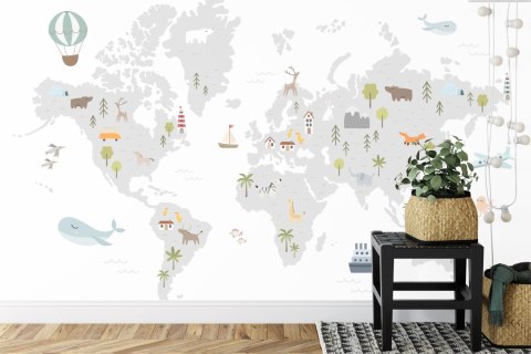 Fototapeta World Map With Cute Animals In Cartoon Style. Map For Nursery, Kids Room With Nature, Animals, Transports. Skandi Vin