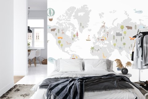 Fototapeta World Map With Cute Animals In Cartoon Style. Map For Nursery, Kids Room With Nature, Animals, Transports. Skandi Vin