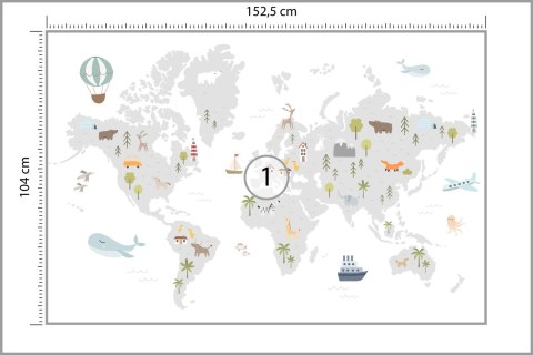 Fototapeta World Map With Cute Animals In Cartoon Style. Map For Nursery, Kids Room With Nature, Animals, Transports. Skandi Vin