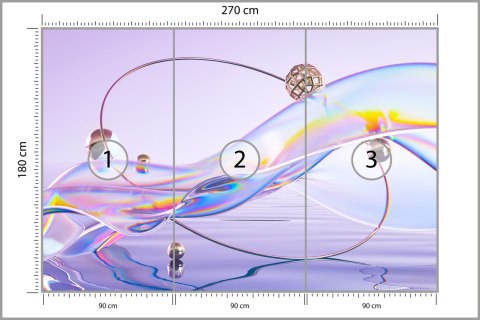 Fototapeta Abstract 3D Render. Glass Ribbon On Water With Geometric Circle And Spheres. Holographic Shape In Motion. Iridescent 