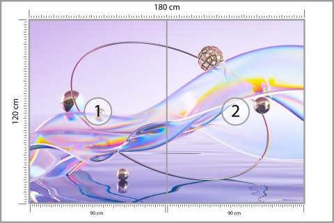 Fototapeta Abstract 3D Render. Glass Ribbon On Water With Geometric Circle And Spheres. Holographic Shape In Motion. Iridescent 