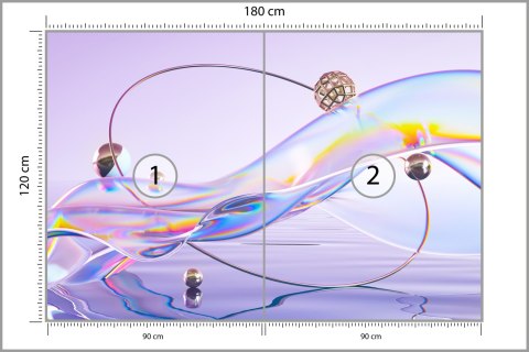 Fototapeta Abstract 3D Render. Glass Ribbon On Water With Geometric Circle And Spheres. Holographic Shape In Motion. Iridescent 