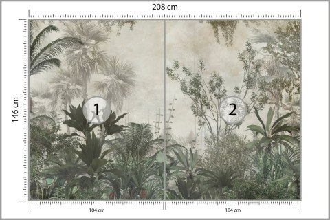 Fototapeta Tropical Trees And Leaves Wallpaper Design In Foggy Forest - 3D Flizelina 208x146 FT-448525-VEXL