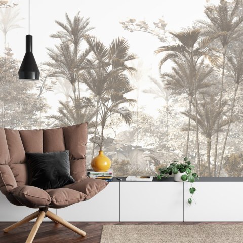 Fototapeta Tropical Trees And Leaves Wallpaper Design In Foggy Forest - 3D Flizelina 208x146 FT-448526-VEXL