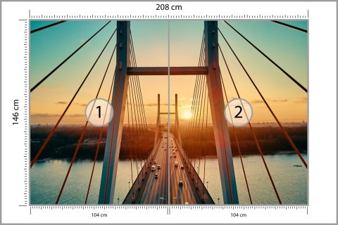Fototapeta Beautiful Panoramic Aerial Drone View To Cable-Stayed Siekierkowski Bridge Over The Vistula River And Warsaw City Sky
