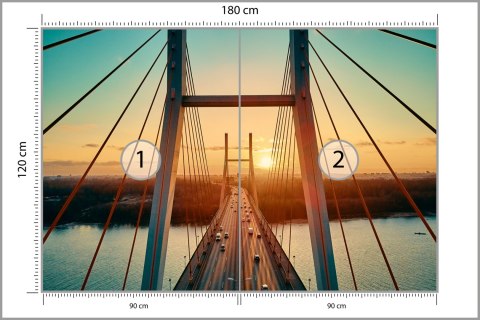 Fototapeta Beautiful Panoramic Aerial Drone View To Cable-Stayed Siekierkowski Bridge Over The Vistula River And Warsaw City Sky