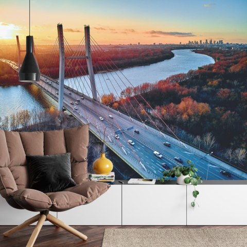 Fototapeta Beautiful Panoramic Aerial Drone View To Cable-Stayed Siekierkowski Bridge Over The Vistula River And Warsaw City Sky