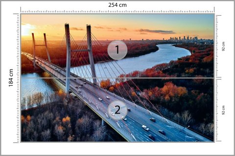 Fototapeta Beautiful Panoramic Aerial Drone View To Cable-Stayed Siekierkowski Bridge Over The Vistula River And Warsaw City Sky