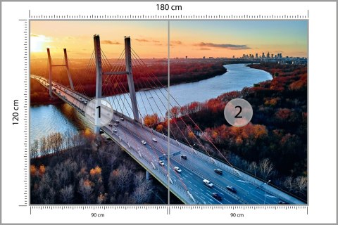 Fototapeta Beautiful Panoramic Aerial Drone View To Cable-Stayed Siekierkowski Bridge Over The Vistula River And Warsaw City Sky