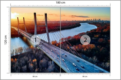 Fototapeta Beautiful Panoramic Aerial Drone View To Cable-Stayed Siekierkowski Bridge Over The Vistula River And Warsaw City Sky
