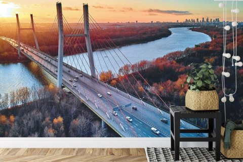 Fototapeta Beautiful Panoramic Aerial Drone View To Cable-Stayed Siekierkowski Bridge Over The Vistula River And Warsaw City Sky