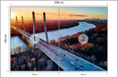 Fototapeta Beautiful Panoramic Aerial Drone View To Cable-Stayed Siekierkowski Bridge Over The Vistula River And Warsaw City Sky