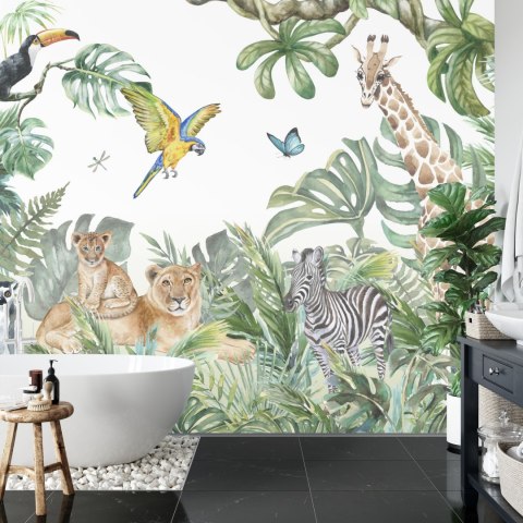 Fototapeta Children's Wallpaper, Watercolor Jungle And Animals. Lions, Giraffe, Elephant, Parrots, Zebra, Lemur Flizelina 2