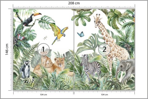 Fototapeta Children's Wallpaper, Watercolor Jungle And Animals. Lions, Giraffe, Elephant, Parrots, Zebra, Lemur Flizelina Z