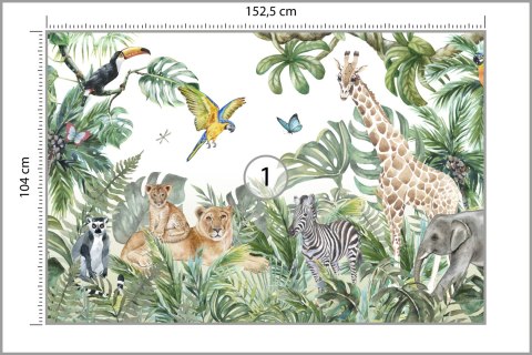Fototapeta Children's Wallpaper, Watercolor Jungle And Animals. Lions, Giraffe, Elephant, Parrots, Zebra, Lemur Vinyl Gładk