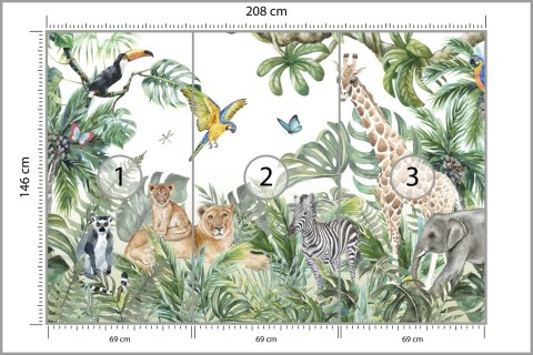 Fototapeta Children's Wallpaper, Watercolor Jungle And Animals. Lions, Giraffe, Elephant, Parrots, Zebra, Lemur Vinyl Struk