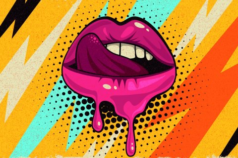 Obraz Na Płótnie Różowe Usta Na Kolorowym Tle W Stylu Retro Pop-Art Canvas 120x80 LB-2824-C120-80