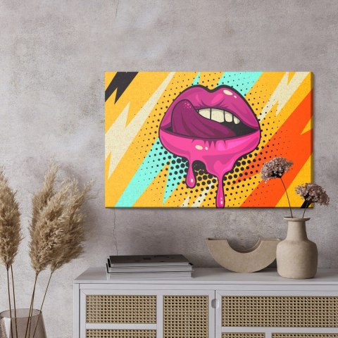 Obraz Na Płótnie Różowe Usta Na Kolorowym Tle W Stylu Retro Pop-Art Canvas 120x80 LB-2824-C120-80