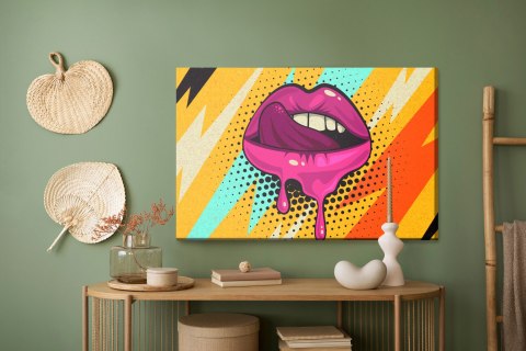 Obraz Na Płótnie Różowe Usta Na Kolorowym Tle W Stylu Retro Pop-Art Canvas 120x80 LB-2824-C120-80
