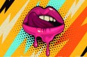 Obraz Na Płótnie Różowe Usta Na Kolorowym Tle W Stylu Retro Pop-Art Canvas Naturalny 100x70 LB-2824-NC100-70