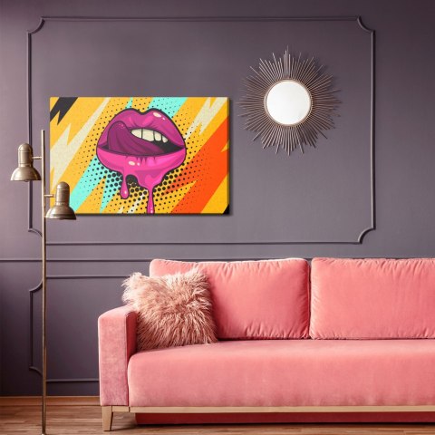Obraz Na Płótnie Różowe Usta Na Kolorowym Tle W Stylu Retro Pop-Art Canvas Naturalny 120x80 LB-2824-NC120-80