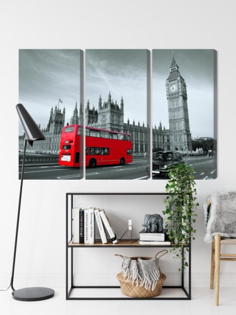 Obraz Wieloczęściowy Czerwony Autobus W Londynie Canvas 120x80 LBS-2219-C120-80_3X40-80