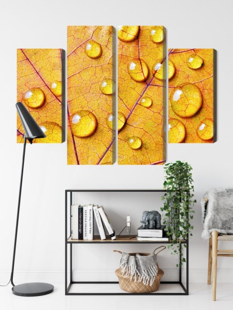 Obraz Wieloczęściowy Krople Wody Na Jesiennym Liściu Makro Canvas Naturalny 80x60 LBS-3820-NC80-60_2X20-60_2X20-40