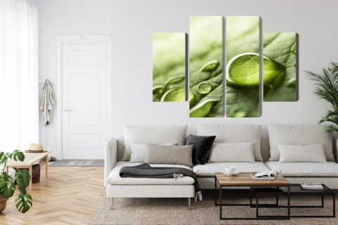 Obraz Wieloczęściowy Krople Wody Na Liściu W Skali Makro Canvas Naturalny 80x60 LBS-3680-NC80-60_2X20-60_2X20-40