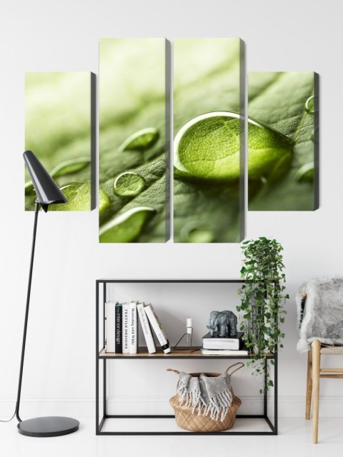 Obraz Wieloczęściowy Krople Wody Na Liściu W Skali Makro Canvas Naturalny 80x60 LBS-3680-NC80-60_2X20-60_2X20-40