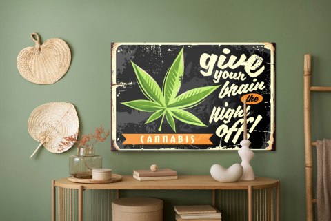 Obraz Na Płótnie Liść Konopi I Napis Retro Canvas Naturalny 100x70 LB-2822-NC100-70