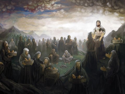 Obraz Na Płótnie Jezus Karmi Tysiące Ludzi Canvas Naturalny 100x70 LB-2536-NC100-70