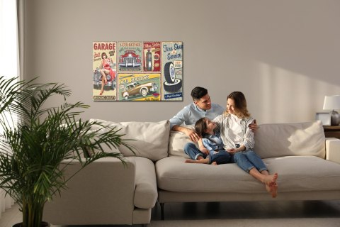 Obraz Na Płótnie Kolaż Starych Płyt Z Retro Samochodami Canvas Naturalny 100x70 LB-2808-NC100-70