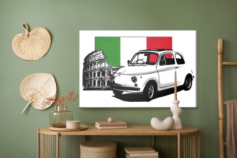 Obraz Na Płótnie Retro Auto Na Tle Włoskiej Flagi I Koloseum Canvas Naturalny 100x70 LB-2820-NC100-70